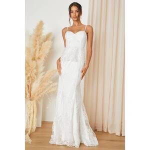 Lulus Eternal Passion White Lace Bustier Peplum Mermaid Maxi Dress - Size L